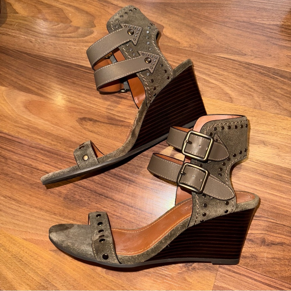 Coach Olive Green Suede Wedge Sandals with Brown Accents - Picture 9 of 13